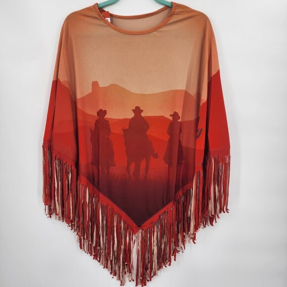 MONTANA WEST Cowboy Graphic Faux Suede Fringed Poncho OS NWT - Picture 2 of 7